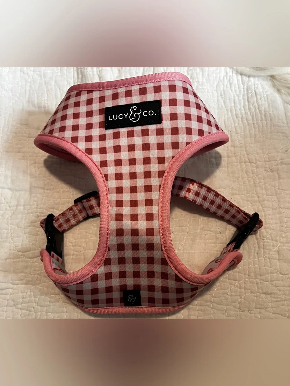 Lucy & Co. Pink Bow & Gingham Dog Harness - Cute Adjustable Small Breed Harness